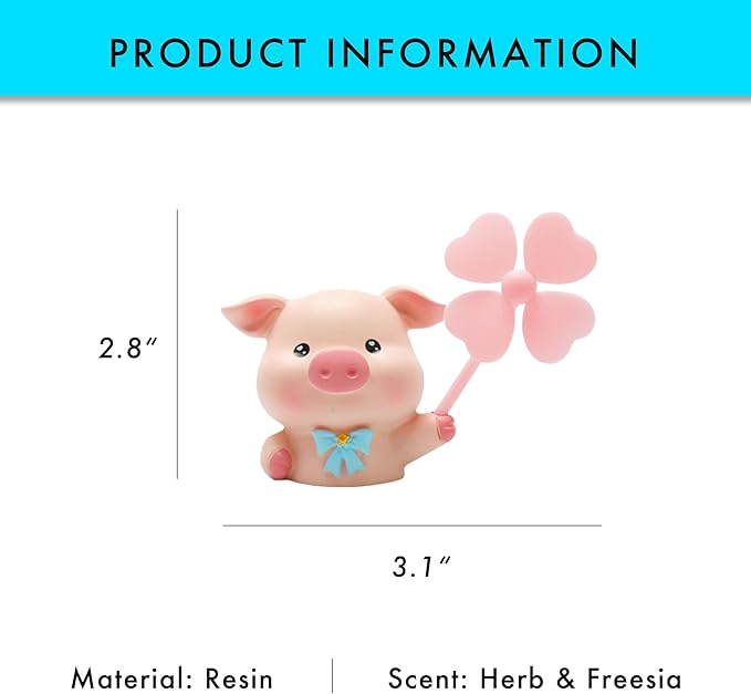 Cute Car Air Freshener Vent Clip, Piggy with Spinning Fan for Dashboard Decorations, Pink Car Accessories for Women & Girl