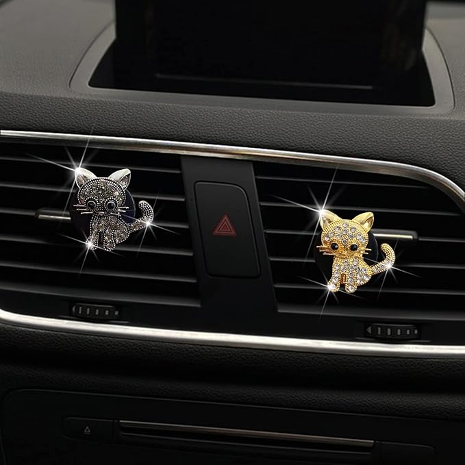 Bling Rhinestone Car Air Vent Clip,Dashboard Outlet Clip,Car Air Freshener Vent Clips,Car Air Conditioning Outlet Clip Decorative,Bling Car Accessories Car Interior Decoration Charm,Cute Car Decor (Cute kitten-BK)