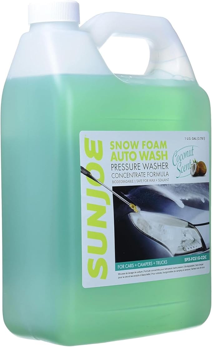 Sun Joe Snow Foam Car Wash Soap & Cleaner Concentrate, Coconut Scent, 1 Gallon - Cleaning Solution for Automotive Vehicles, Vinyl, Aluminum, Wood, & Brick Surfaces, SPX-FCS1G-COC