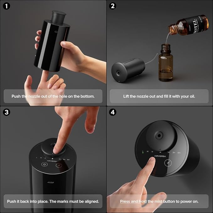Airversa Waterless Essential Oil Diffuser Starter Kit with 30mL Hotel Fragrance Oil Inspired by Ritz-C., Battery Operated Car Diffuser, Portable Aroma Nebulizer for Home Car Office, AN6Kit-2, Black