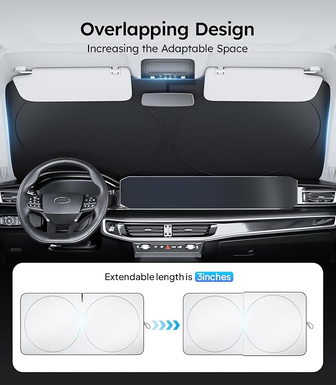 Wigoo 2025 Upgrade Car Windshield Sun Shade [100% Light Block, 4th-Gen Cooling Tech] Foldable Heat Insulation Interior Sun Visor with Storage Bag for Compact Cars/Coupes (S (59"x29")