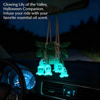 Handmade Crochet Hanging Car Air Freshener - Glow-in-the-Dark Lily of the Valley Plant with 12ml Refillable Essential Oil Diffuser Bottle, Halloween Car Accessories & Bedroom Nightlight Decor