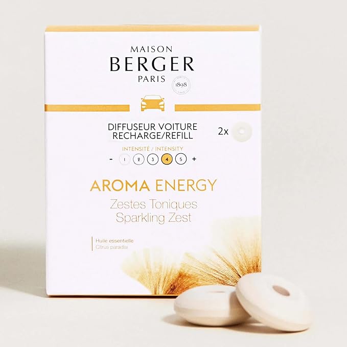 Maison Berger Luxury Car Diffuser Refill Set – Ceramic Inserts for Vent Clip Diffusers, 4-Week Passive Diffusion, Premium In-Car Fragrance Refill, Made in France (Aroma Energy)