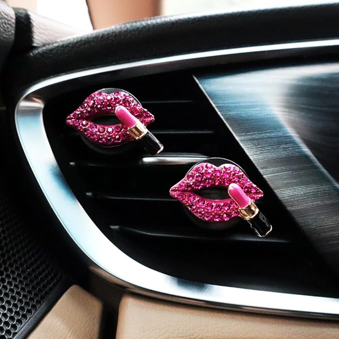 4pcs Red Purple Lips Car Vent Clips Air Freshener Dazzling Lipstick Girly Car Decor Accessories for Women Bling Car Interior Decorations Refillable Diffuser