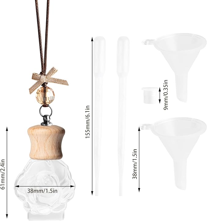 6 Pack Leak-Proof Hanging Car Diffuser - 8ml Refillable Empty Bottles with Wood Caps, 3 Funnels & 2 Droppers - Essential Oil Air Freshener for Car, Home or Office (6, Camellia)