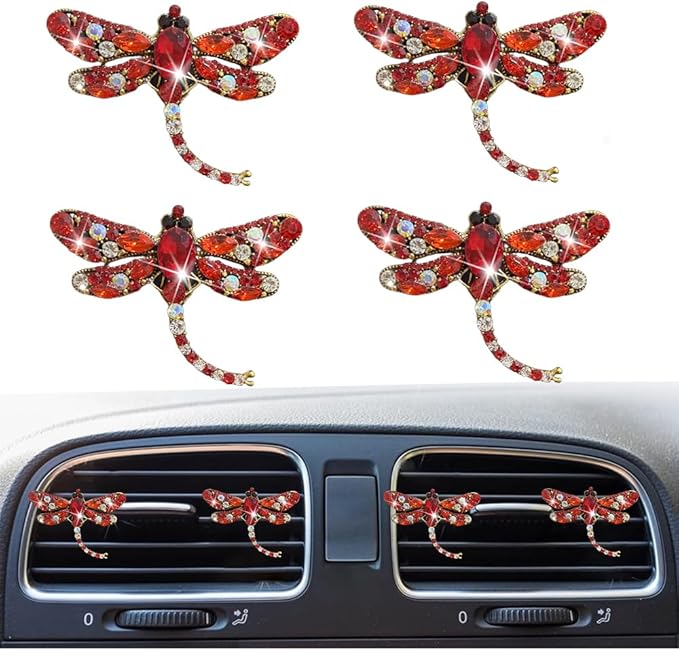 4Pcs Bling Rhinestone Crystal Dragonfly Air Freshener Vent Clips,Cute Car Air Fresheners Vent Clips Accessories,Refillable Car Diffuser, Glamorous Auto Decor (Red)