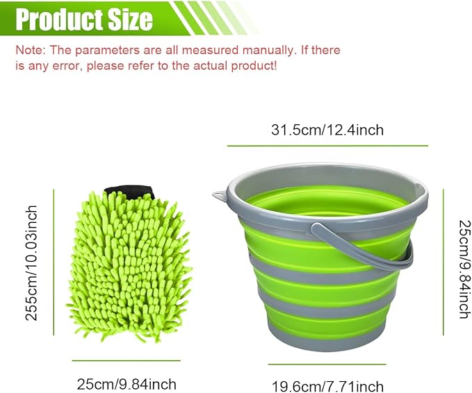 Collapsible Bucket with 3-in-1 Car Wash Mitt, Multiuse 10L Portable Plastic Bucket with Handle, Coral Velvet & Chenille Wash Mitt, Car Cleaning Kit for Vehicle, Household