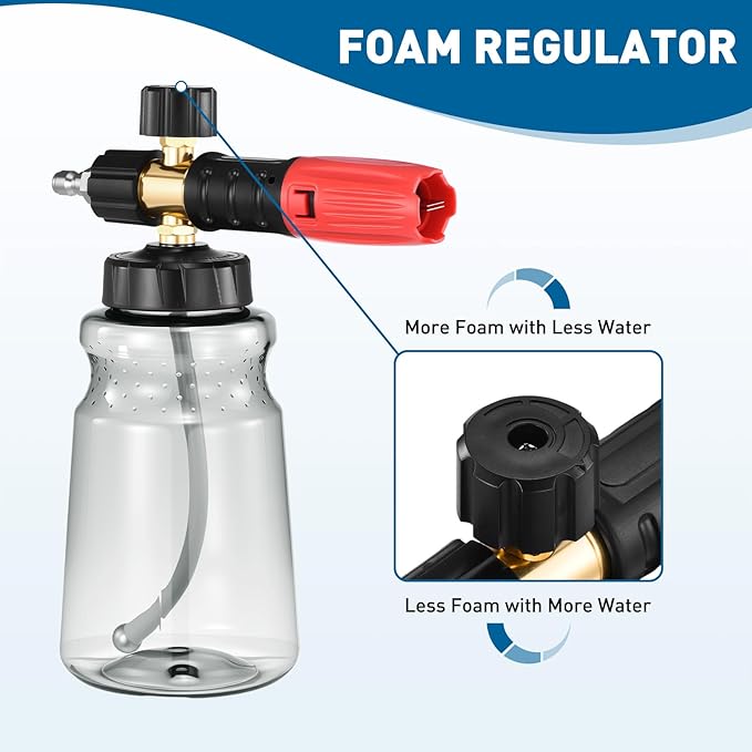 Foam Cannon for Pressure Washer, 1L Thick Foam Lance Soap Dispenser for Car Washing with Adjustable Thick Foam with 1/4 Inch Quick Connector, Foaming Mesh, Stainless Steel Nozzle