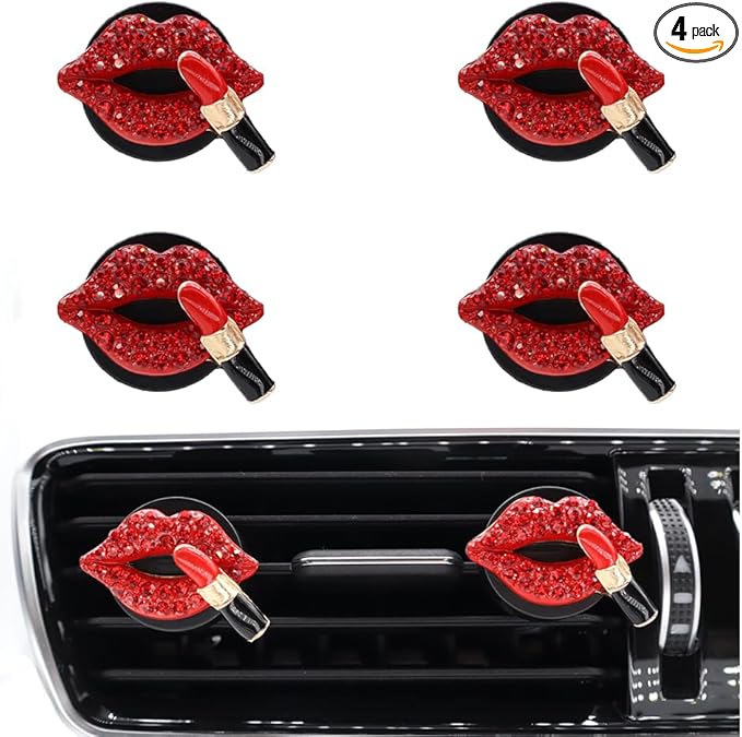 4pcs Red Car Vent Clips Air Freshener Dazzling Lips Lipstick Girly Car Decor Accessories for Women Bling Car Interior Decorations Refillable Diffuser