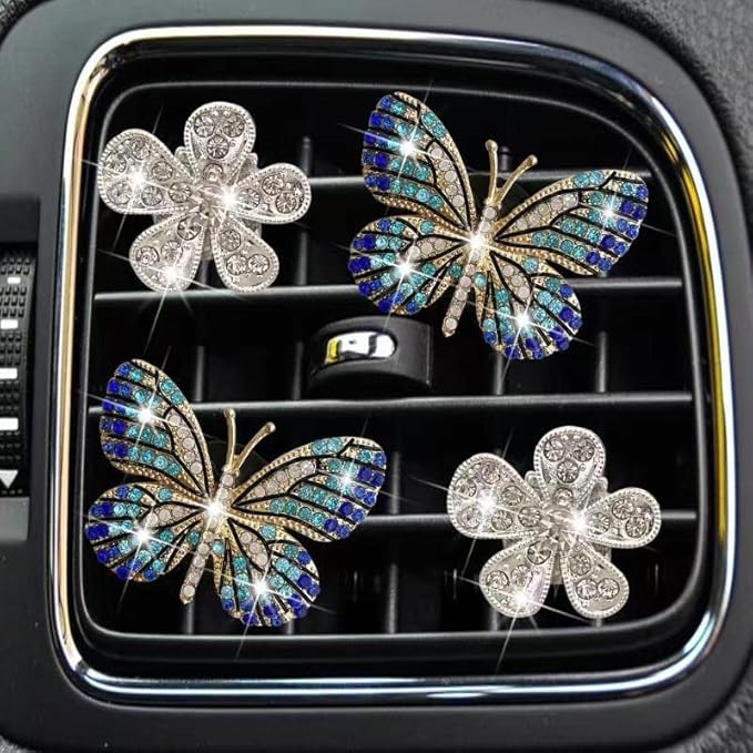 Bling Butterfly Crystal Daisy Air Fresheners, 4 Pcs Rhinestone Diamond Flower Car Decoration, Bling Car Accessories for Women