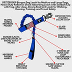 Heavy Duty Bungee Dog Leash - Shock Absorbing, Seat Belt Clip, Quick Release Frog Clasp, Double Padded Handles, for Large and Medium Dogs, Durable for Training, Walking, Car Safety, Outdoor Adventure