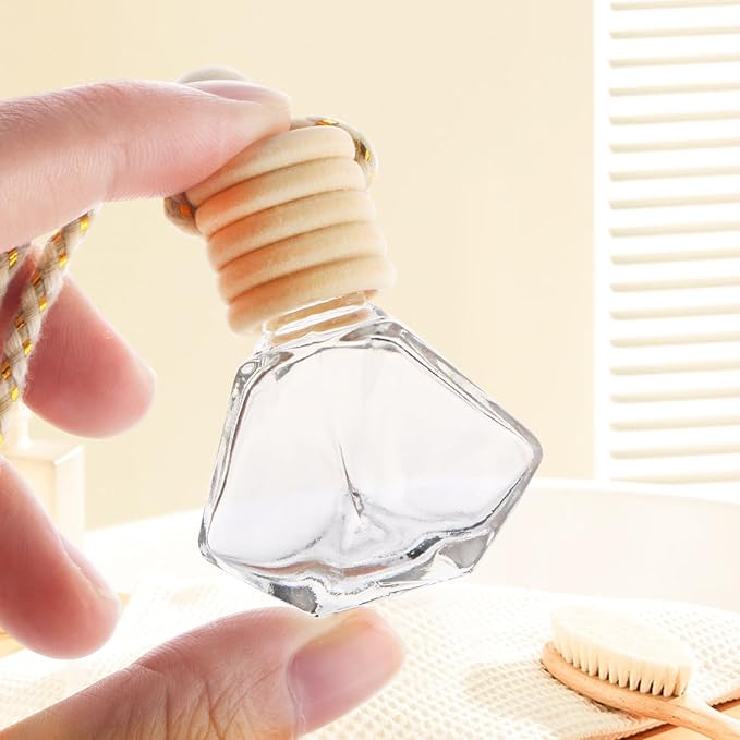 100 Pcs 8ml Hanging Car Air Freshener,Empty Clear Glass Essential Oil Diffuser Perfume Aromatherapy Pendant Bottle Vials Ornament Decor With Wooden Caps & Hanging String-Diamond Shape