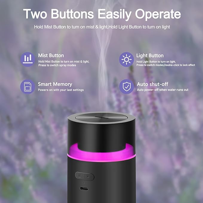 HODEMI Portable Smart Car Essential Oil Diffuser,Cordless Mini Cold Mist Aromatherapy Air Freshener Diffuser with Mode Memory,Auto On/Off,4/8 Timer Modes,for Bedroom Office and Travel (Black)