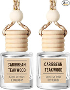 Caribbean Teakwood Hanging Car Air Freshener – Long Lasting Essential Oil Diffuser for Car, Closet, Bathroom – 2-Pack Natural Scent Deodorizer for men & women