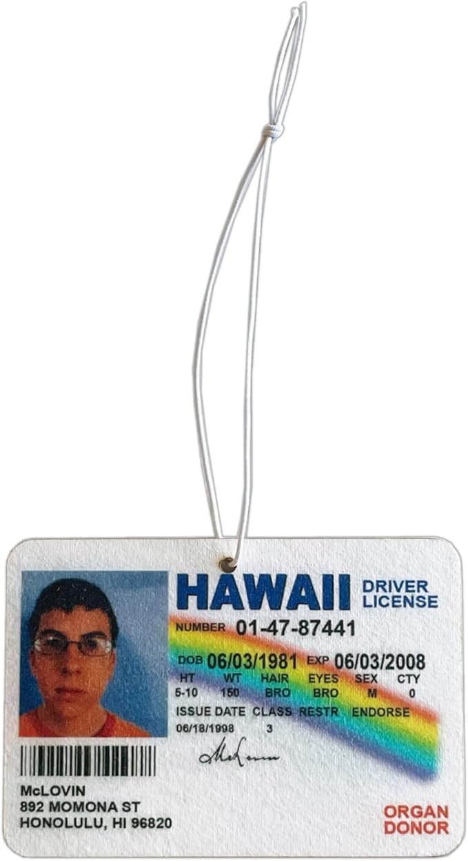 McLovin ID License Funny Movie Meme Hanging Air Freshener Car Decor Lavender Scented