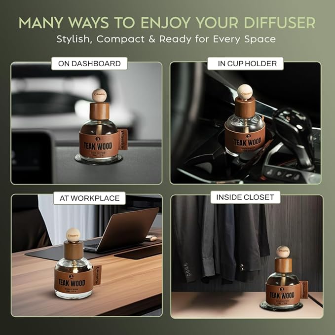 Car Air Freshener - Long Lasting Essential Oil Diffuser - Aromatherapy Accessories for Men & Women - Valentines Day Gifts for Him - Teakwood Car Scent Diffuser 3.38 FL OZ/100ML