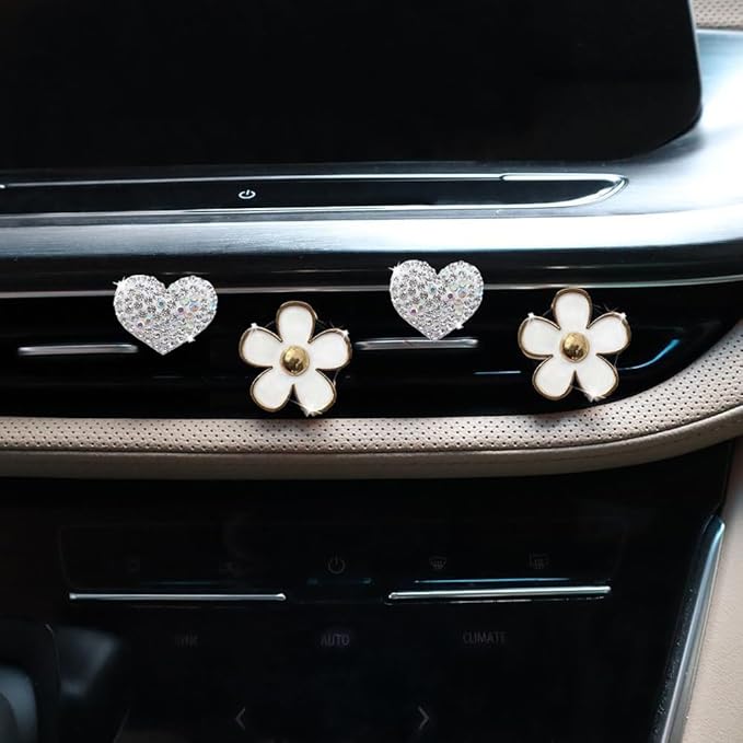 4PCS Car Air Vent Clips with Fragrance Pads, Cute Flower Car Air Fresheners Vents Clips Diamond Vent Clip Auto Interior Decor Charm Bling Auto Accessories Decoration for Women (White)