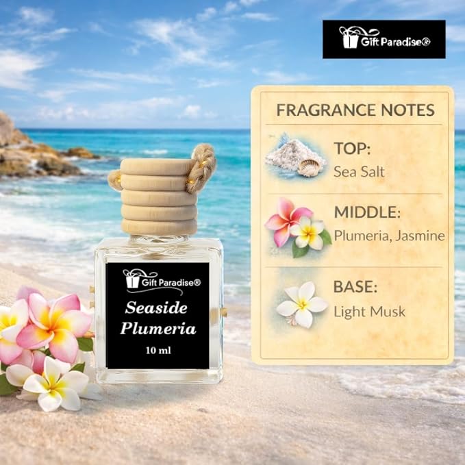 Gift Paradise® Seaside Plumeria Hanging Car Air Freshener Set of 3(10 ml) Fragrance Oil Diffusers with Wooden Cap, Tropical Floral Beach Scent, Long-Lasting for Car, Closet & Office, Magnetic Gift Box
