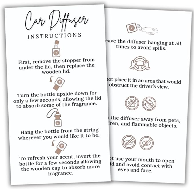 Car Diffuser Instruction Cards | 2" x 3.5" inch Business Card Size | Car Hanging Accessories Oil Bottles Instruction Card