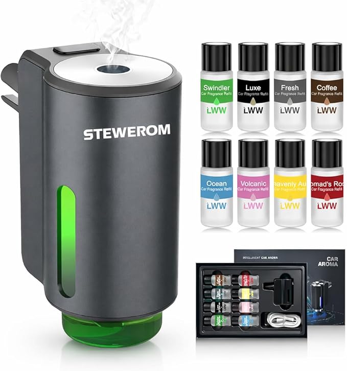 Car Air Freshener - Smart Adjustable 3-Speed Intensity, Rechargeable Humidifier Car Essential Oil Diffuser - Comes with 8 Bottles of 10ml Perfume (Gray)