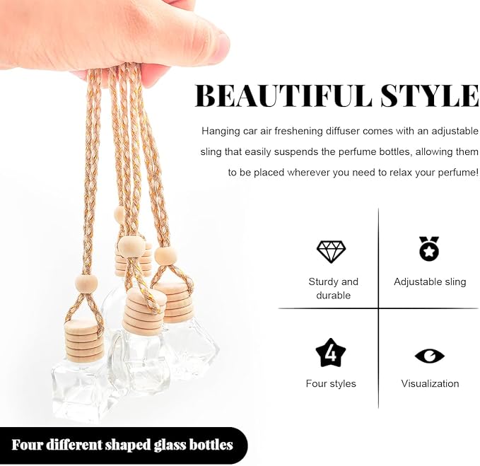 5 PCS Hanging Car Air Freshener, 8ml Empty Clear Glass Perfume Bottle Freshener Diffuser, Essential Oil Fragrance Aromatherapy Bottle Ornament for Car, Interior Car Accessories (Square)