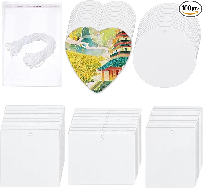 100-Piece Sublimation Air Freshener Scented Hanging Sheets - White, Fragrant, 15" Elastic Rope for Car Interior & Home Decor