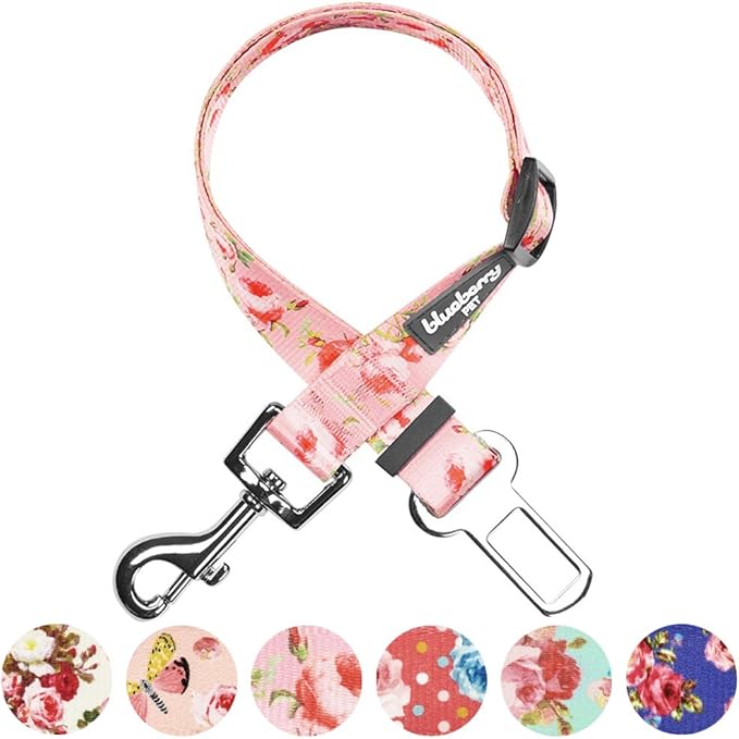 Blueberry Pet 8 Patterns Spring Scent Inspired Floral Rose Baby Pink Adjustable Dog Seat Belt Tether for Dogs Cats, Durable Safety Car Vehicle Seatbelts Leads Use with Harness