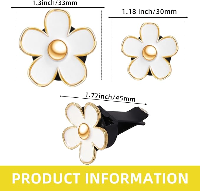 NBTEPEM 6 PCS Daisy Flower Air Vent Clip Car Decoration Accessories Air Conditioning Outlet Clip Car Air Freshener Clip Charm Car Interior Decor(3 cm, 3.3 cm, White)