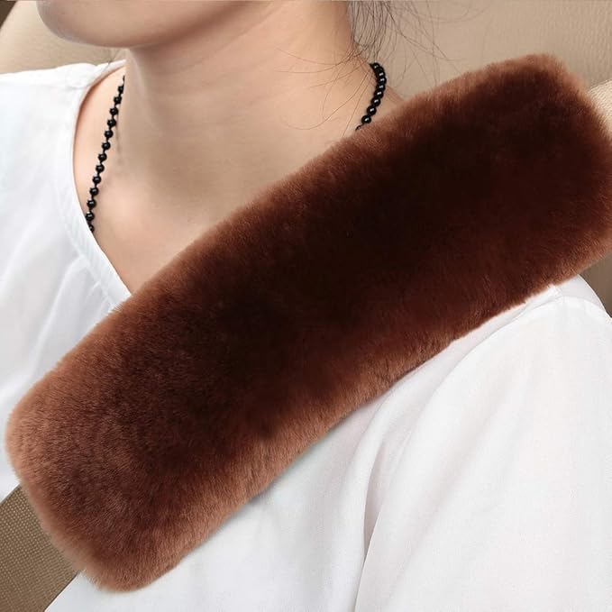 OGLAND 2 Pack Automotive Authentic Sheepskin Car Seat Belt Pads, Soft Shoulder Pad, Neck Cushion Protector, Genuine Natural Merino Wool (Saddle Brown)