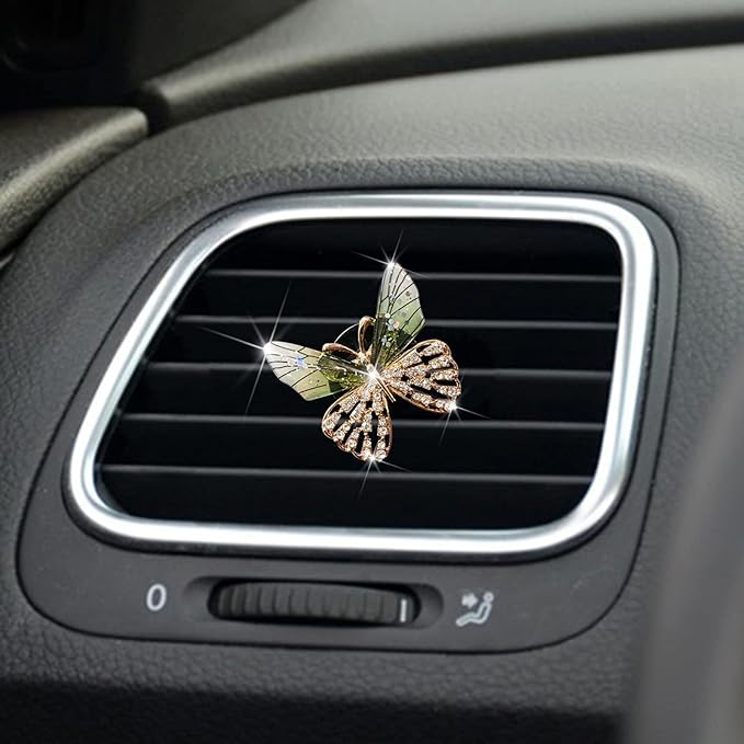 Bling Butterfly Car Vent Clips Rhinestone Decor - Cute Air Freshener & Aromatherapy Accessories for Women, Girls Dashboard Interior Decoration Set (green)