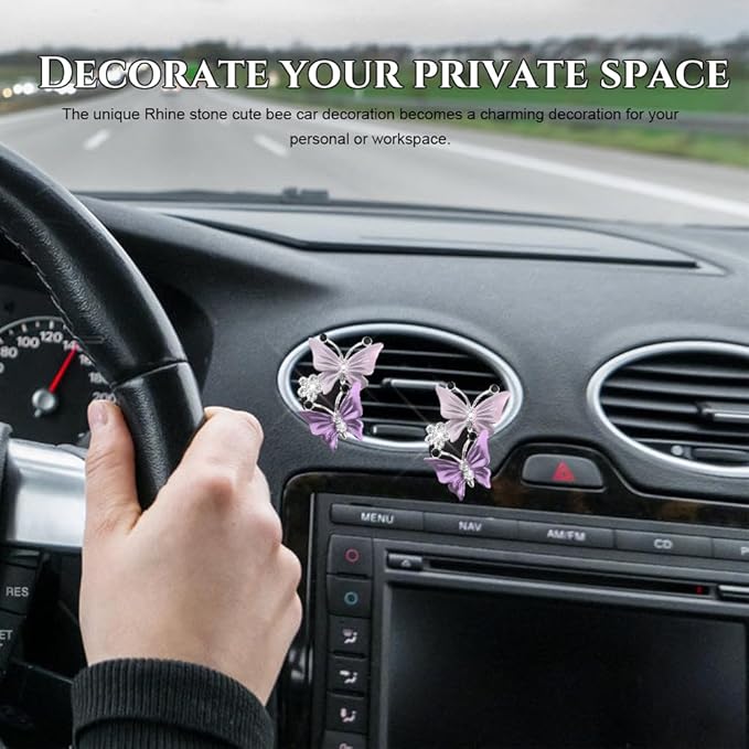 2PCS Car Air Vent Clips, Dual Butterfly Diamond Car Air Conditioner Outlet Vent Clip, Cute Car Diffuser Perfume Clip, Car Air Freshener Decor Accessories for Women Girl (Purple, Style 1)