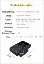 Car Armrest Pad with Built-in Induction Charging, Leather Center Console Cushion with 15W Power Pad, Dual Cup Holders, Storage Pockets - Coffee