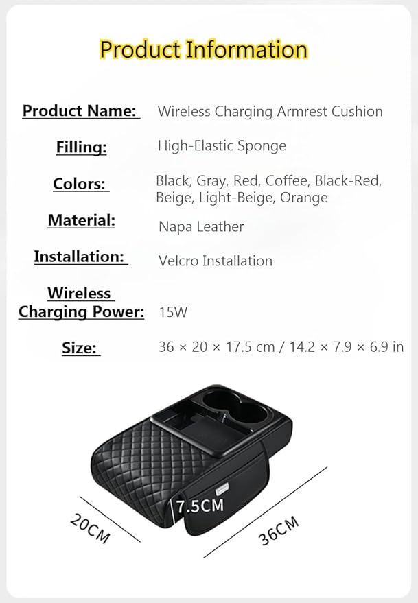 Car Armrest Pad with Built-in Induction Charging, Leather Center Console Cushion with 15W Power Pad, Dual Cup Holders, Storage Pockets - Black-Redline