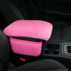 Fluffy Car Armrest Cover with Side Pockets – Plush Fuzzy Fur Center Console Armrest Cushion Pad, Universal Winter Car Interior Protector, Soft Arm Rest Cover with Storage for Women & Men (PINK)
