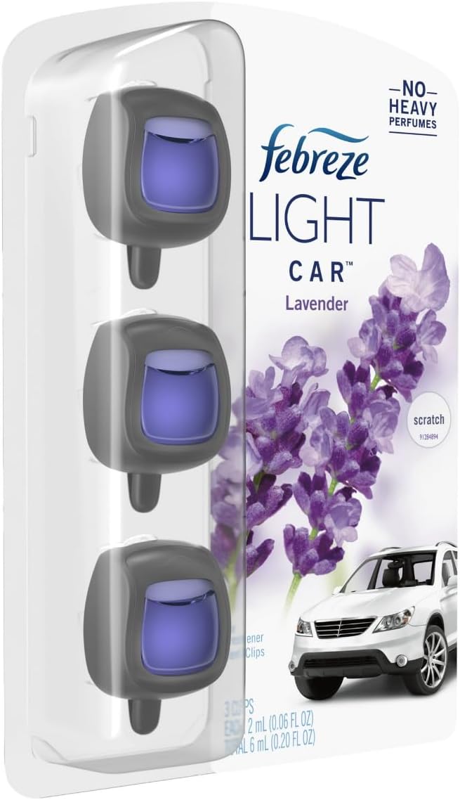 Febreze LIGHT Odor-Fighting Car Freshener Vent Clip Lavender, 06 oz, Pk of 3 and Storage Case, Beige