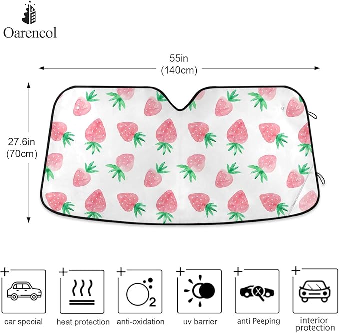 Fresh Strawberry Car Windshield Sun Shade Cute Pink Fruit Foldable UV Ray Sun Visor Protector Sunshade to Keep Your Vehicle Cool (55" x 27.6")