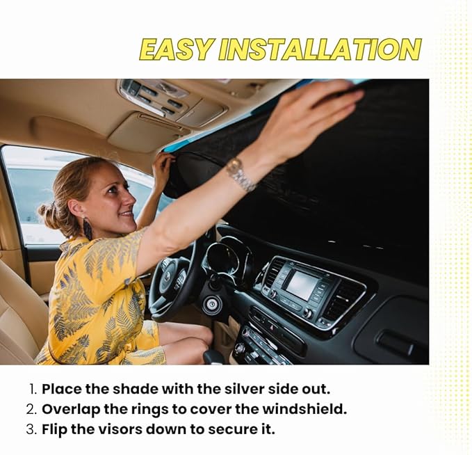 Windshield Sun Shade - Certified 99.87% UVB & 99.02% UVA Protection Car Sun Shade. Award Winning Sunshade for Car Windshield with Patented Technology. Size XL 66"x37" Car Window Shades by Kinder Fluff