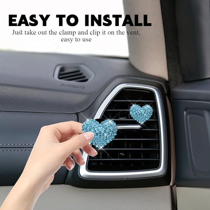 4PCS Bling Heart Air Vent Clips, Car Air Freshener for Women, Air Fresheners Diffuser Clip Charm, Car Air Conditioning Outlet Clip Decorative Accessory for Women Girls (Lake Blue, Style1)