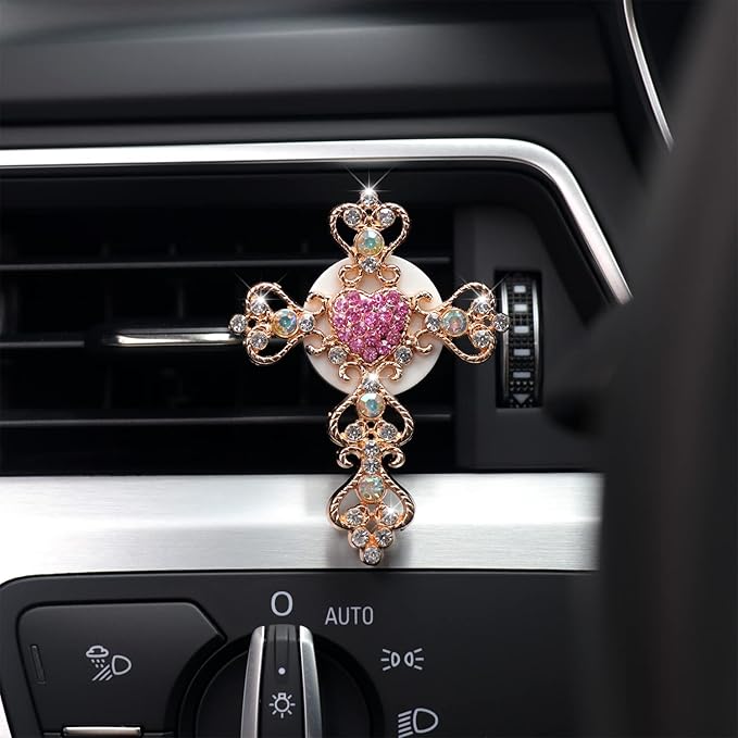 HungMieh 1PCS Bling Car Accessories for Women, Rhinestone Car Décor Interior, Car Charm Air Vent Clip with Pads for Fragrance (Cross Heart Pink)