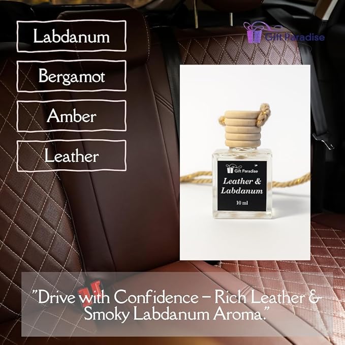 Gift Paradise® Leather & Labdanum Car Air Freshener Set of 3 – Luxury Hanging Diffusers with Wooden Cap & Velvet Gift Bag (10 ml Each) | Long-Lasting, Non-Toxic Men’s Fragrance for Car, Home & Office