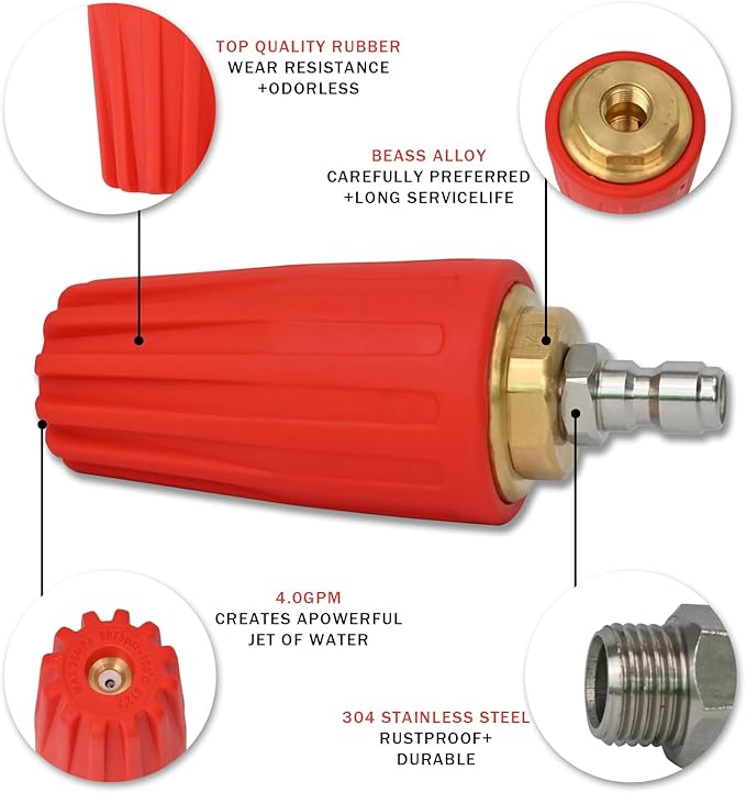 4.0 GPM 4.0 Orifice 2600-5100 PSI 360° Rotating nozzles Pressure Washer Turbo Nozzle plug with Quick Connect 1/4"
