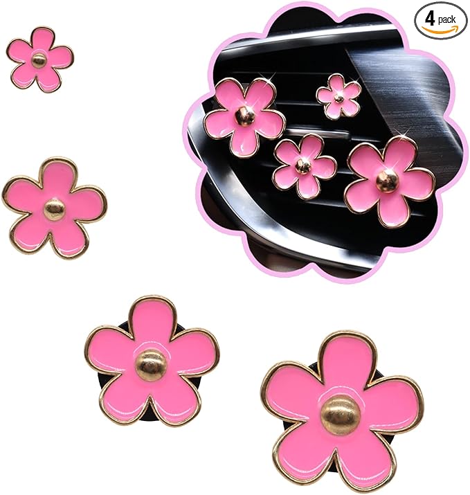 4pcs Pink Flower Air Vent Clips Car Air Freshener,Girly Daisy Flower Car Accessories for Women,Lavender Car Scent Decorations Refillable Clips On Air Freshener