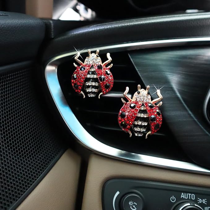 Ladybug Car Accessories,2pcs Red Bling Lady bug Air Vent Clips Car Air Freshener,Cute Dashboard Decorations Gift for Women,Girly Refillable Diffuser with Felt Pads