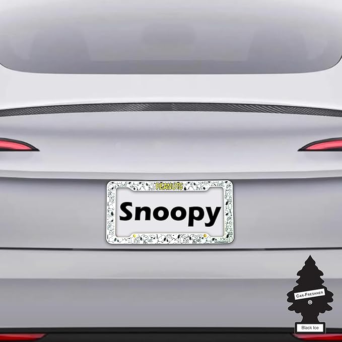 Snoopy Expression License Plate Frame 2 Pack Bundle with Little Tree Air Freshener – Plasticolor Peanuts Snoopy Design, Universal Fit Standard Car Plate Frames, Plastic