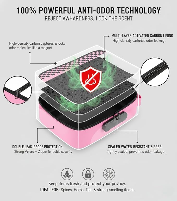 ANZOME Large Smell Proof Storage Bag, Lockable Travel Organizer Case with 3-Digit Combination Lock, Activated Charcoal Odor Control, Waterproof Zipper Pouch with 7 Accessories, Pink
