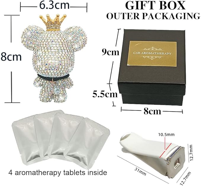 Handmade Bling Rhinestone Bear Car Air Freshener Cute Ornaments Car Vent Clips Accessories Perfume Clip Aromatherapy Diffuser Fragrance Cotton Pad Car Interior Decoratio Women Girl (AB白)