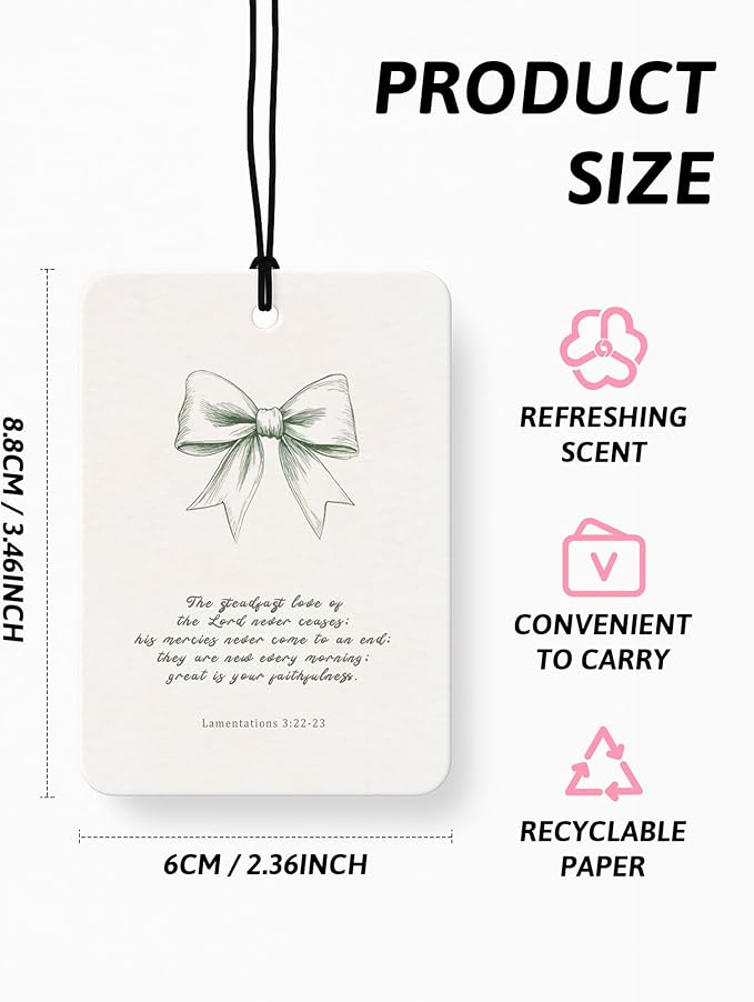 Green Christian Car Air Freshener 4 Pcs, Coquette Bow Floral Religious Hanging Air Freshener for Cars Closet Drawer Books, Cute Girly Christian Car Accessories Mirror Decor for Women