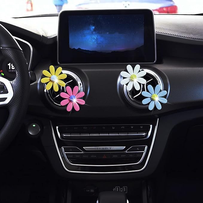 4Pcs Cute Daisies Car Clip, Flowers Car Air Fresheners Vent Clips Charm Air Vent Accessories Cute Car Decor Automotive Interior Trim Car Decorations for Girls & Women