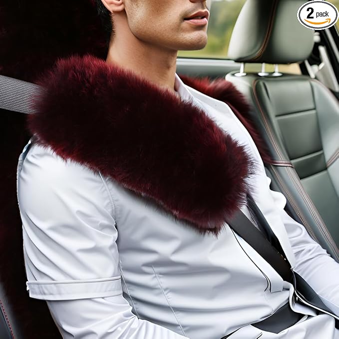 OGLAND Fuzzy Sheepskin Seat Belt Cover, Fluffy Seatbelt Pad for Plush Wool Adults Women Pet Universal Car Accessories 2 Pack (Dark Red)