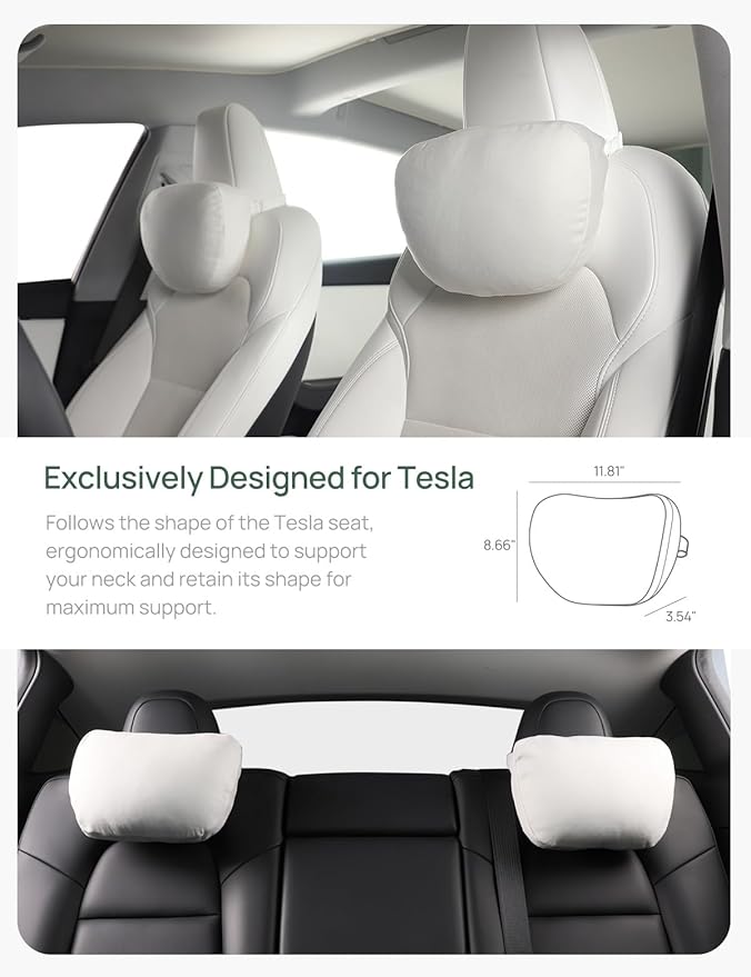 TPARTS Headrest Neck Pillow for Tesla Model 3/Y/X/S, Soft Faux Suede Fabric Car Neck Support Pillow Cushion for Traveling (Filled with Dupont Sorona Fiber)-Set of 2 White